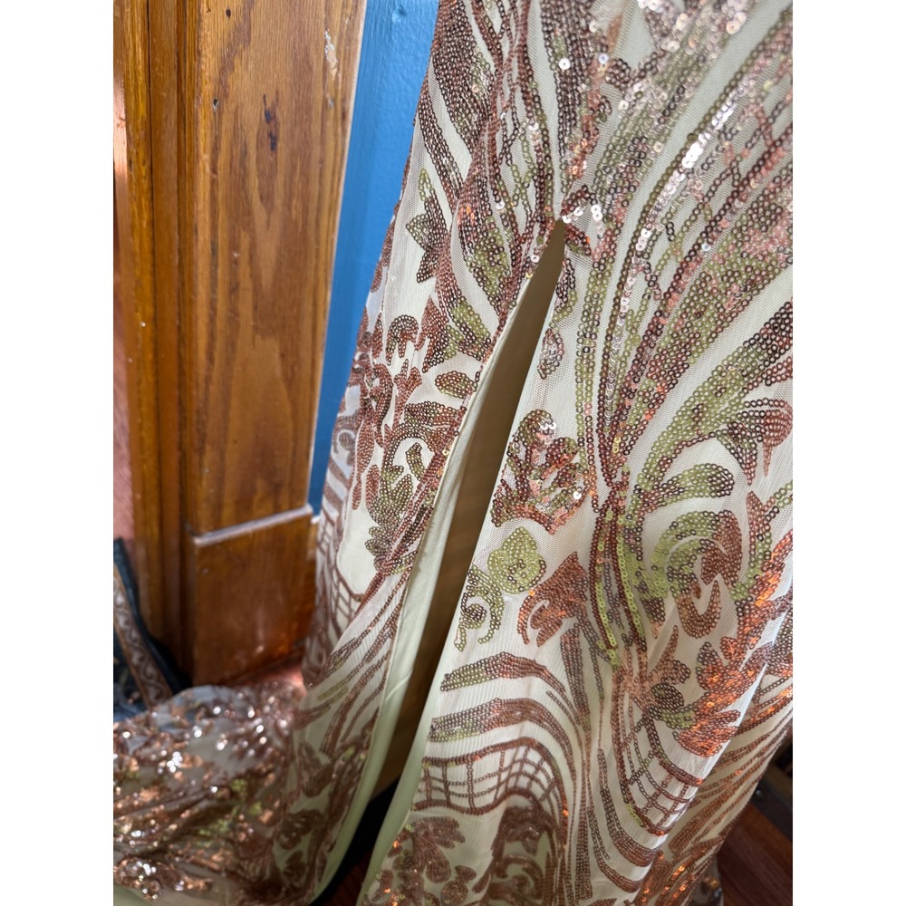 Windsor Rose Gold Sequin Double Slit Formal Gown Maxi Dress V-Neck Prom Gala SM - Picture 6 of 14